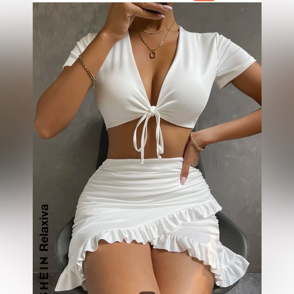 White Two-Piece Ruffle Skirt Set